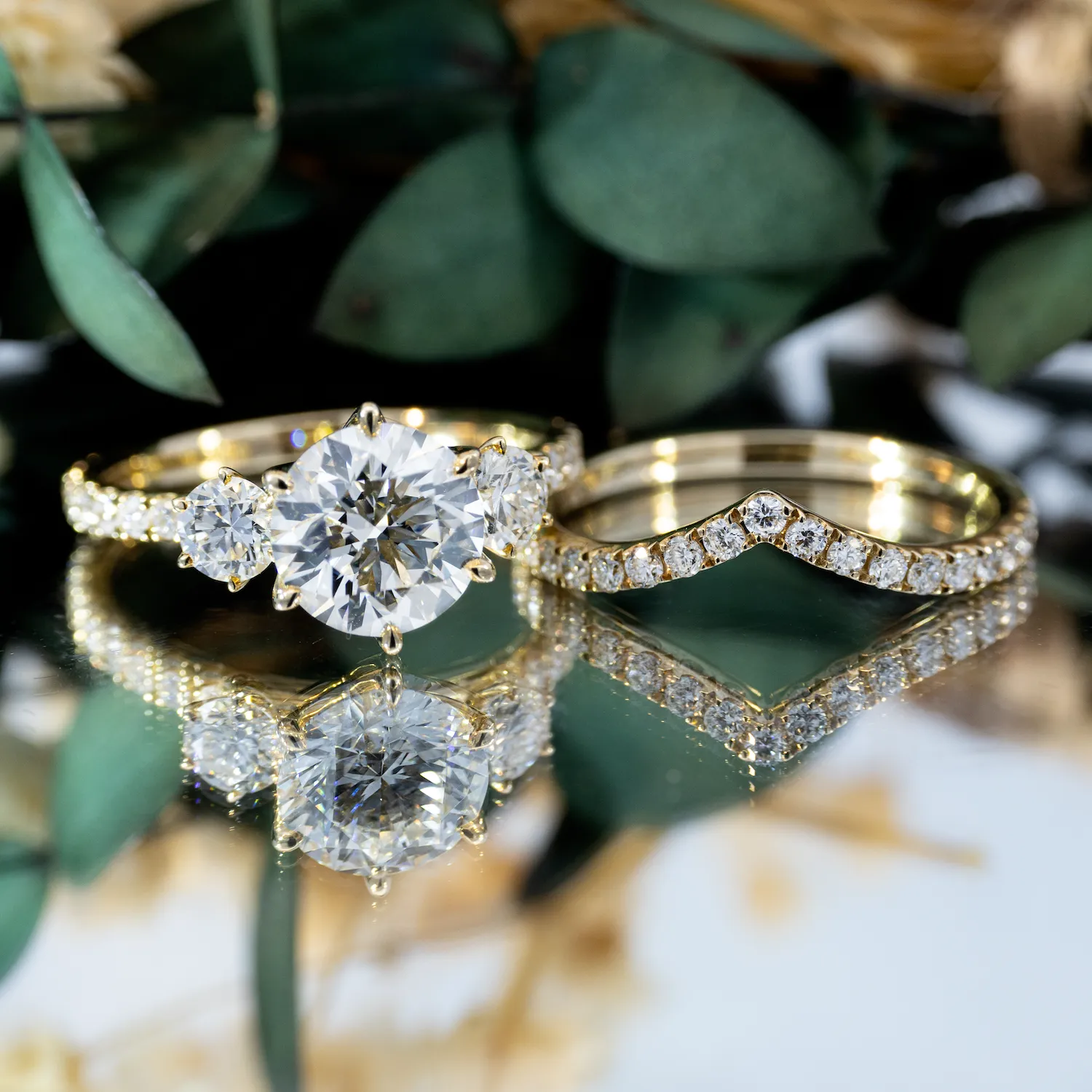 15 Embrace Round Floral Three Stone with Curved Wedding 15 Embrace Round Floral Three Stone with Curved Wedding