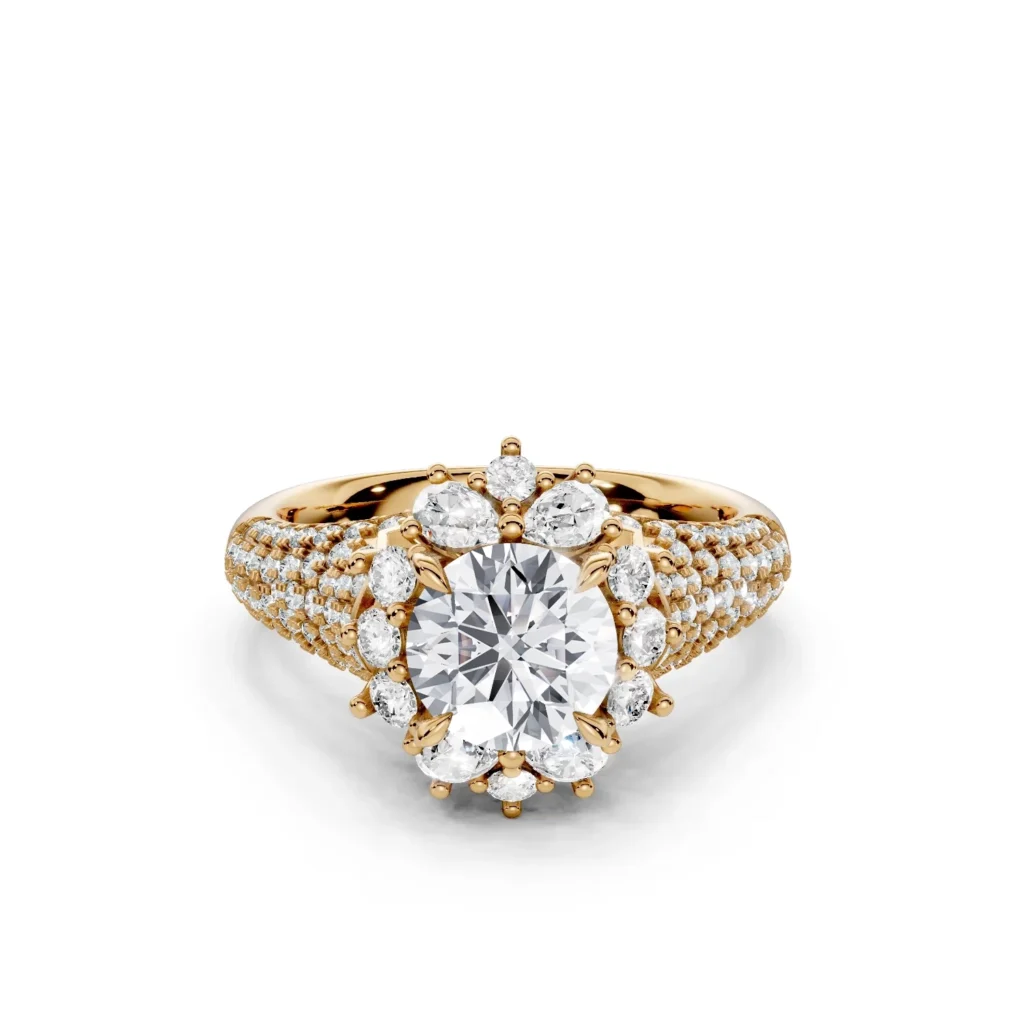 01 Vivre Features Halo Four Prong cathedral Triple angle Pavé Prunus mume 12 coverage round 1ct