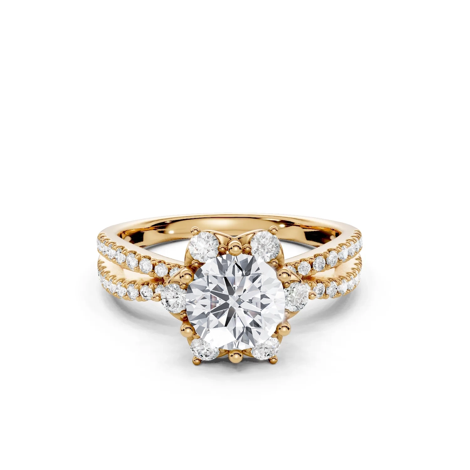 1 Vivre Features Halo Six Prong Outstanding Profile Split Shank U Pavé full coverage round 1ct