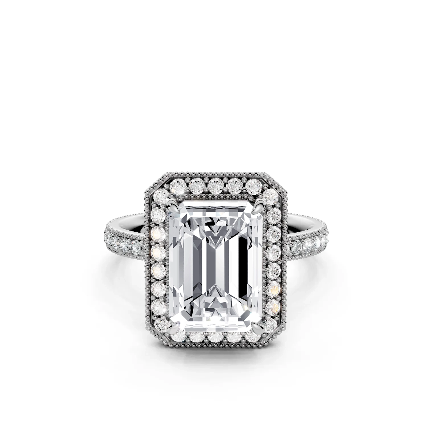 5 Vivre Features Halo Four Prong Low Profile Light Pass Pinpoint Pavé full coverage emerald 3ct