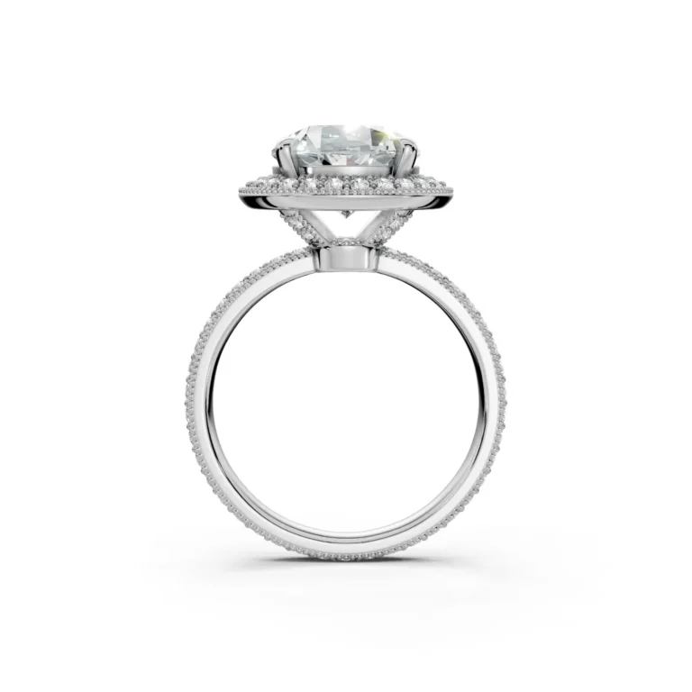 6 Vivre Features Halo Four Prong Low Profile Light Pass Pinpoint Pavé full coverage round 3ct