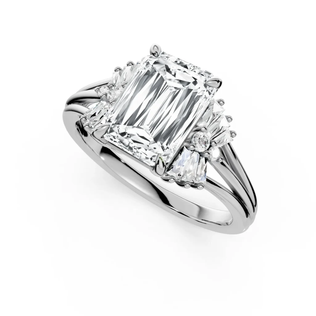 8 Solitary Fashion Four Prong Cathedral Standard Profile Solitaire Comfort Emerald Criss Cut engagement ring